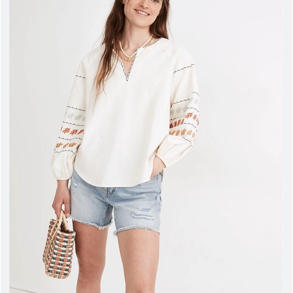 Madewell Tops - Madewell Embroidered-Sleeve Popover Top large